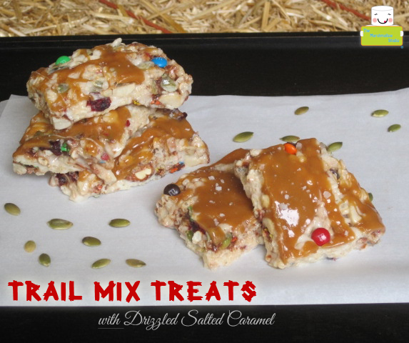Trail Mix Crispy Treats with Drizzled Salted Caramel by TheMarshmallowStudio
